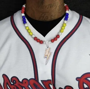 Iced Bling Disco Ball Rhinestone Pollyanna Crystal Bead Baseball Softball Necklace Red, Yellow, Blue + Lightning Pendant