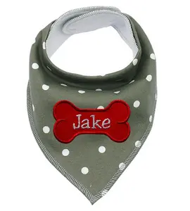 Personalized Embroidered Dog Bib Bandana - Gray Dot with Red Bone Design