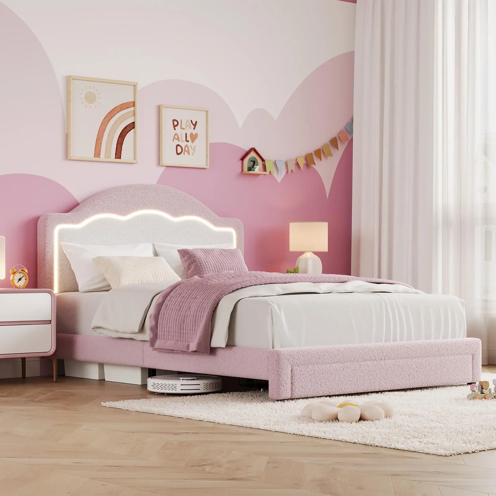 Garvee Platform Bed Frames with Adjustable Headboards Featuring Sherpa Fleece Upholstery, RGB LED Lights, Storage Drawers, Reinforced Wooden Slats, Noise-Free Design, No Box Spring Needed, Easy Assembly, Multiple Sizes and Colors