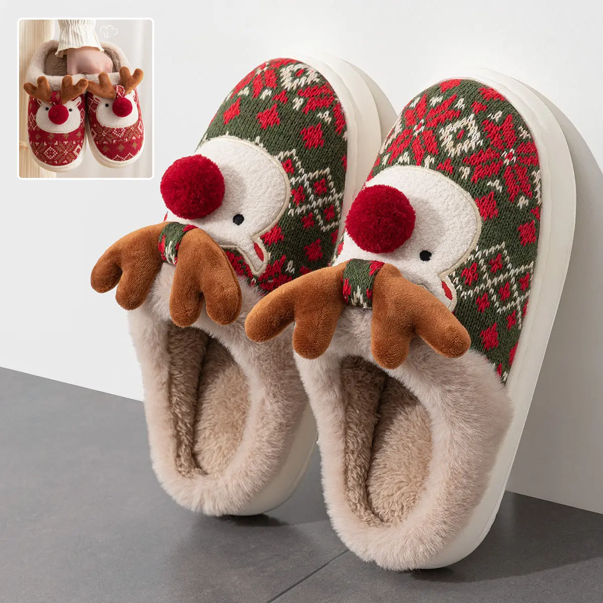 Cute Christmas Elk Plush Slippers Winter Ins Fashion Non-slip Floor Bedroom Home Slippers For Women Fuzzy House Shoes winter slipper