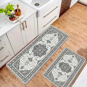 2-Pc Vintage Medallion Area Rug, Retro Distressed Washable Non-Slip Carpet, Farmhouse Aesthetic Living Room Decor for Bedroom, Summervibes Household Textile