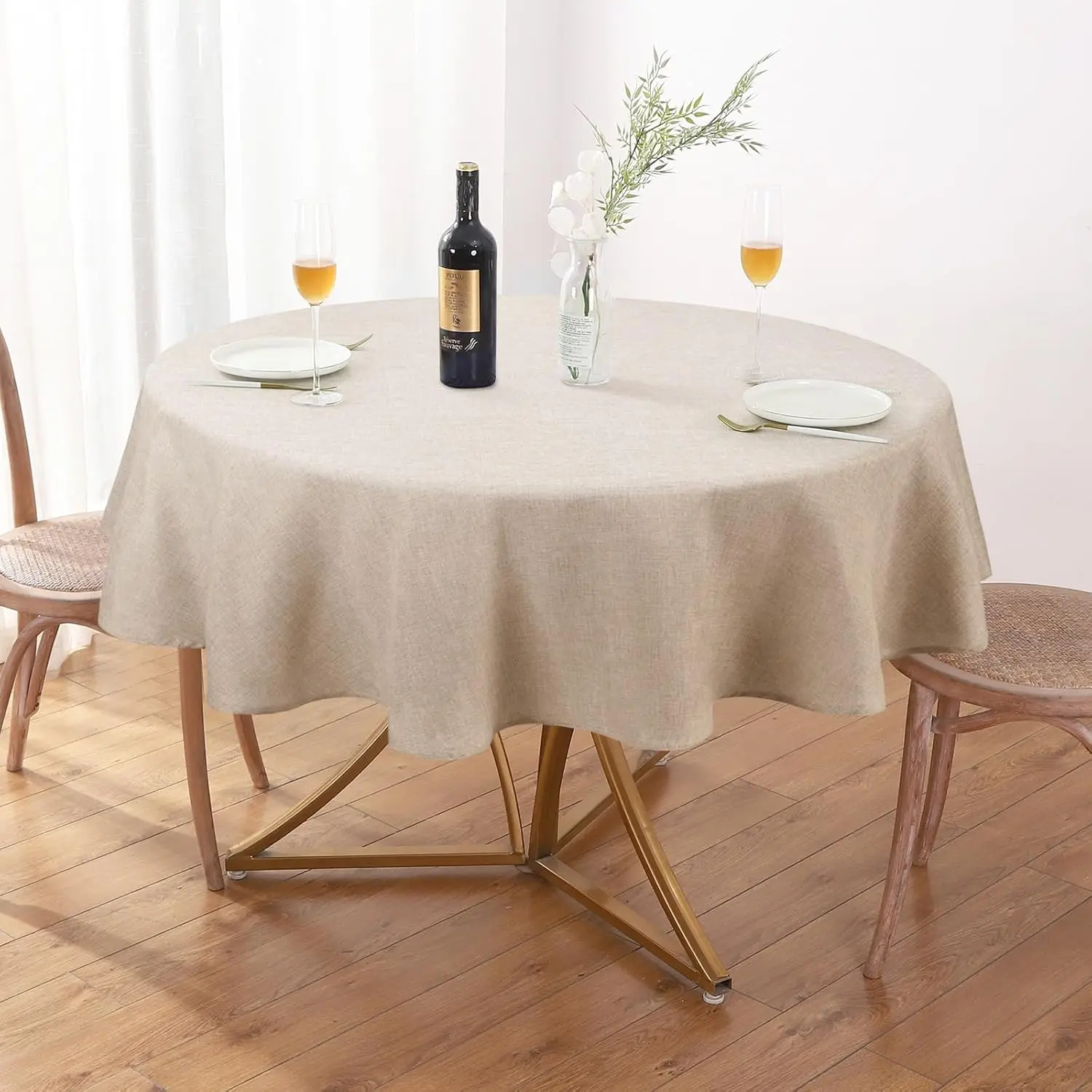 60-in Textured Synthetic Linen-Polyester Round Tablecloth with Folded Border, Waterproof, Spillproof, Wipeable, Wrinkle-Free Table Cover for Farmhouse Home Decor, Wedding, Holiday Use, 60 Inch, Anti-Shrink