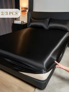 2/3pcs Fitted Sheet Set, Bedding Set, Satin Bed Sheets Set, Room Decor, Soft and Comfortable Bedding for Bedroom, Mattress Protector for Bedroom Decor, 1 Bed Sheet with 1/2 Pillowcases, Deep Pocket, For Single/Twin/Full/King/Queen Bed Sizes