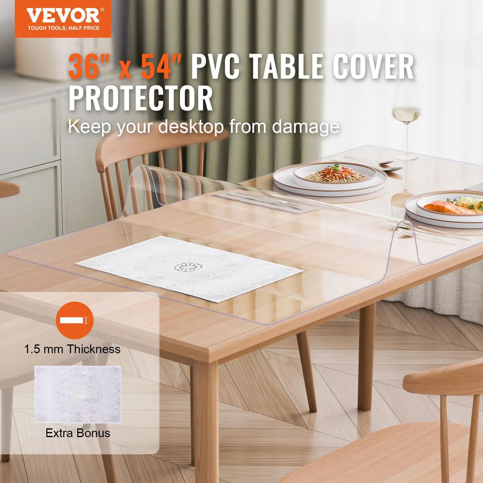 【Summerfinds】VEVOR Plastic Table Cover 36 x 54 Inch 1.5 mm Thick Clear Table ProtectorRectangle PVC Desk MatWaterproof & Easy Cleaning Desk Pad Tableclothfor Office Dresser Dining Room Table Night Stand
