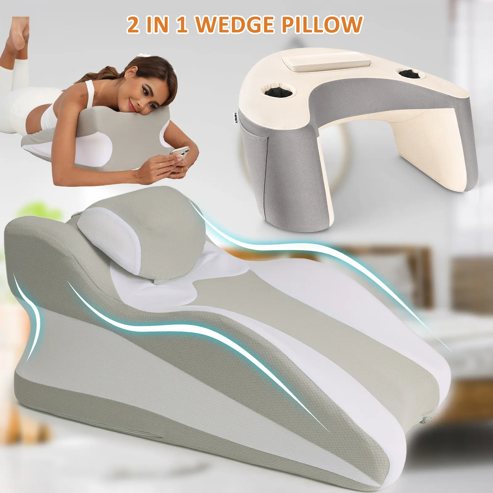 2 in 1 Wedge Pillow Bundle Set, Includes Face Down Memory Foam Support Cushion & Reading Backrest Pillow with Armrests and Side Pockets, Perfect for Sleeping, Relaxing, Gaming, TV Watching or Working on Bed, Sofa and Floor Anytime summerwins