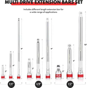 Wobble Extension Set, 9 PCS 1/4", 3/8" and 1/2" Drive Ratchet Extension Set Flexible, Cr-V Steel