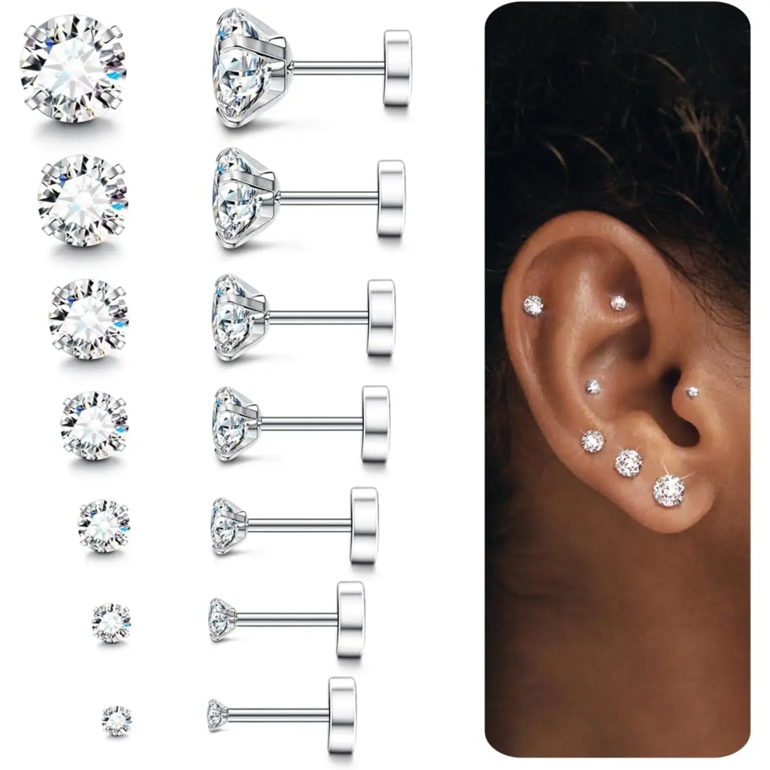 Trendy 7 Pairs  Hypoallergenic Flat Back Earrings for Women Men Silver 14K Plated Gold Stainless Steel Stud Earrings Brithstone  Cubic Zirconia Studs Surgical Steel Cartilage Earrings for Sensitive Ears,summeroutfits,vacationoutfits,beachoutfits