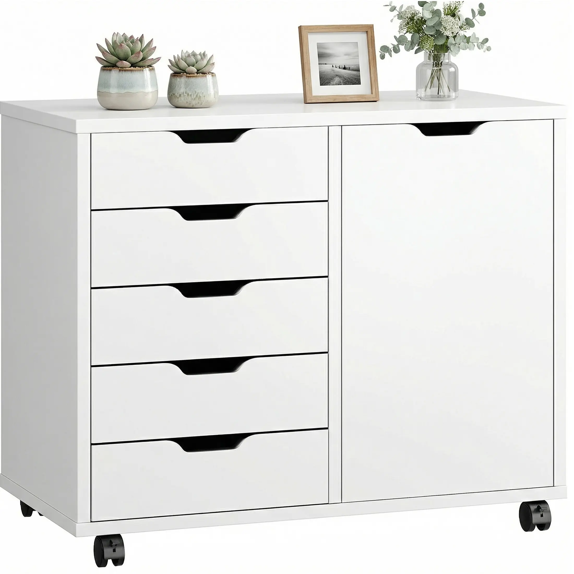 Sweetcrispy 5-Drawer Wooden File Cabinet with Smooth Sliding Drawers, Adjustable Shelf, Wheels, Rolling Laptop Table, Mobile Printer Stand for Home Office