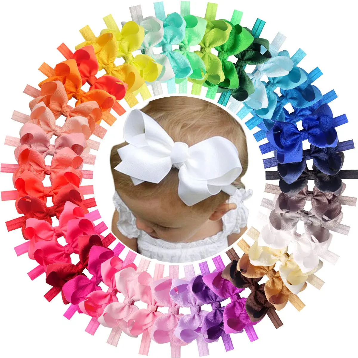 Girls' Grosgrain Ribbon Headbands with 4.5" Big Hair Bows - 40-Pack Adorable and Beautiful Modern Hair Accessories for 0-12 Months Infants, Birthday, Party (14 in Overall Length), 14 Inches