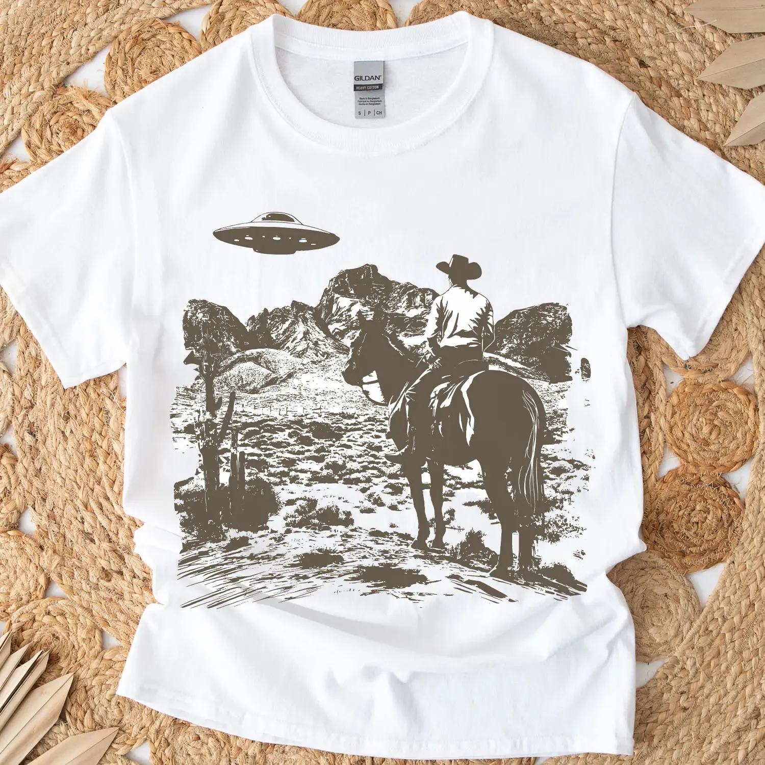 Ufo Western Shirt, Retro T-Shirt, Vintage Cowboy TShirt, Rodeo T Shirt, Wild West Shirt, Western Tee, Unisex, Full Sizes, Full Colors, Cotton Round Neck Tee, Unisex T-shirt for Men and Women Menswear Top Western Outfits Classic