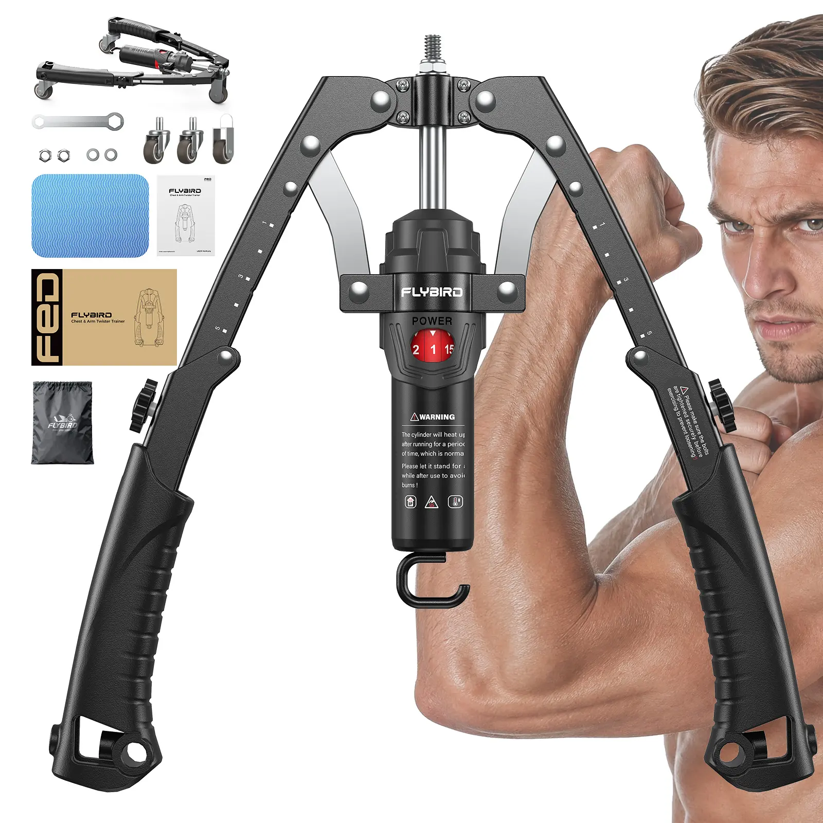 FED Fitness Flybird Series CT1 Chest Trainer Arm Exerciser & Arm Strength Trainer - Adjustable 22-440lbs Core, Tricep Workout Equipment with Ab Roller Wheel, Home Gym Exercise Equipment (Pad & Bag Incl.) for Men Women【live only】
