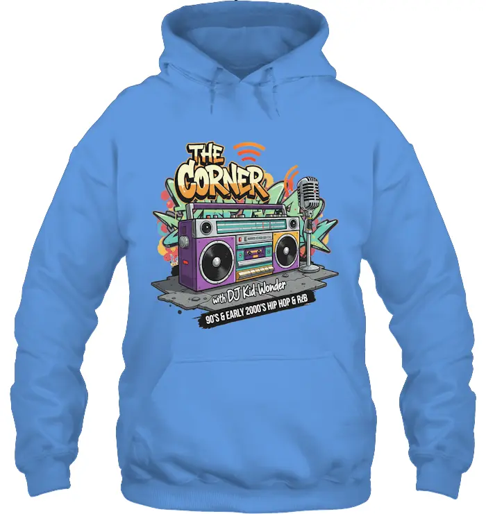 Unisex The Corner Hot Mic Radio Hoodie with Vibrant Boombox Graphic & DJ Kid Wonder Text for 90's & Early 2000's Hip Hop & R&B Fans