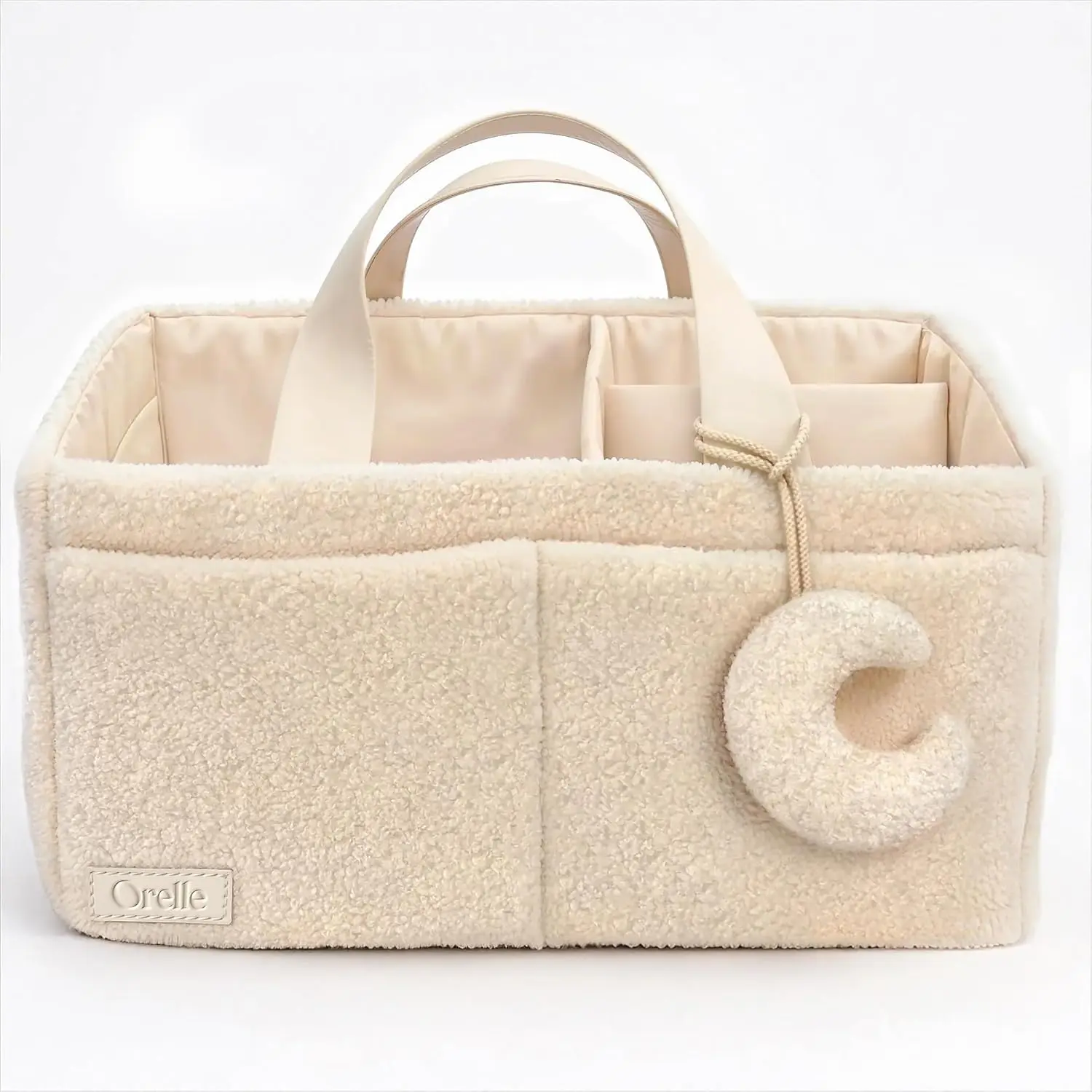 Orelle Bouclé Diaper Caddy Organizer with Matching Pouch & Moon Pendant | Teddy Portable Changing Table Organizer | Must-Have Baby Shower Gifts