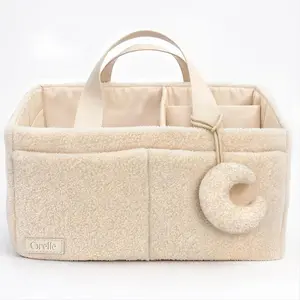 Orelle Bouclé Diaper Caddy Organizer with Matching Pouch & Moon Pendant | Teddy Portable Changing Table Organizer | Must-Have Baby Shower Gifts