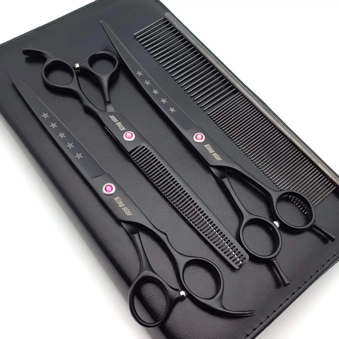 Kingstar 8.0in.Matt Black Professional Pet Grooming Scissors Set,Straight & Thinning & Curved Scissors Set with Comb,Dog Grooming,A559
