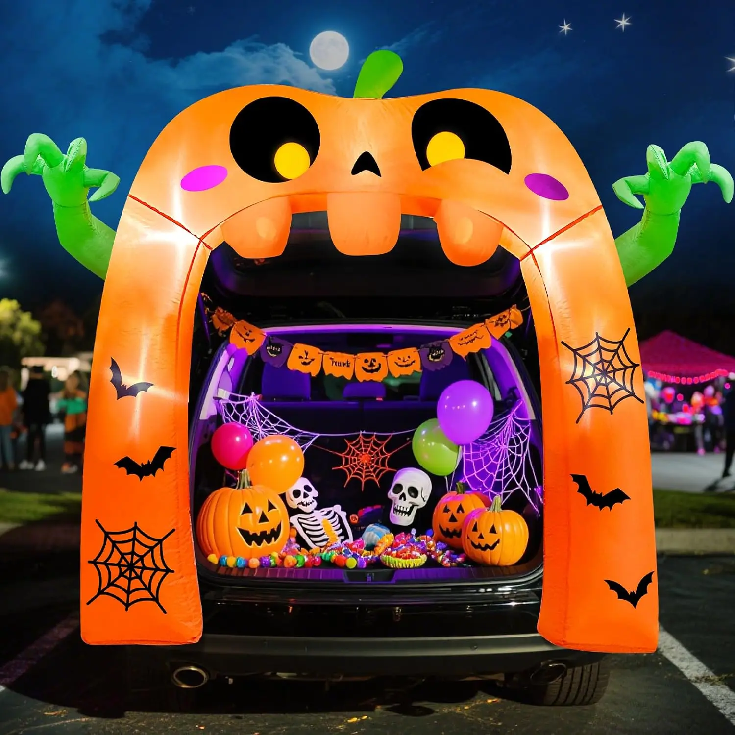 5 Ft Halloween Inflatable Pumpkin Ghost Arch Trunk Or Treat Car Decoration with Built-in LEDs, Halloween Blow Up Archway for Car Decorations Halloween Outdoor Yard Decor Garden Lawn