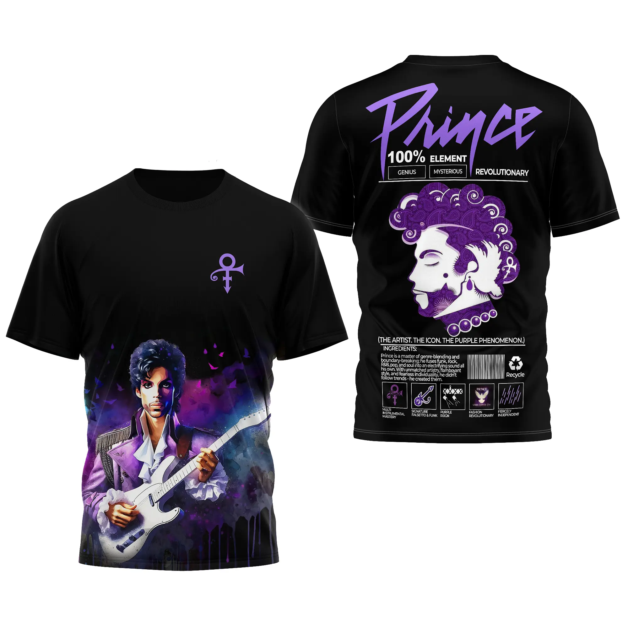 Prince Purple Rain 100% Element 3D All Over Print T-Shirt – Purple Ribbon Music Band Tee