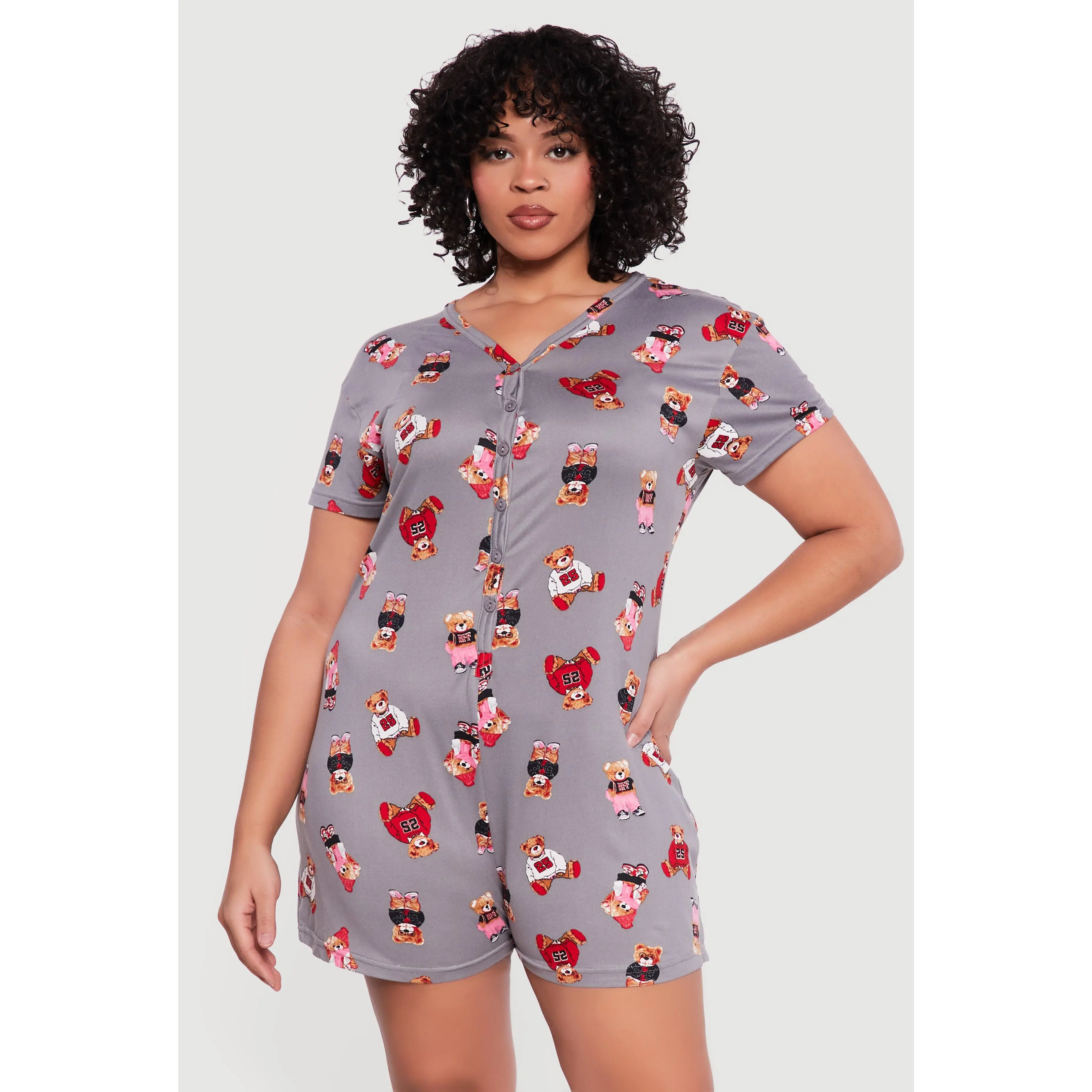Plus Size Teddy Bear Print Pajama Romper