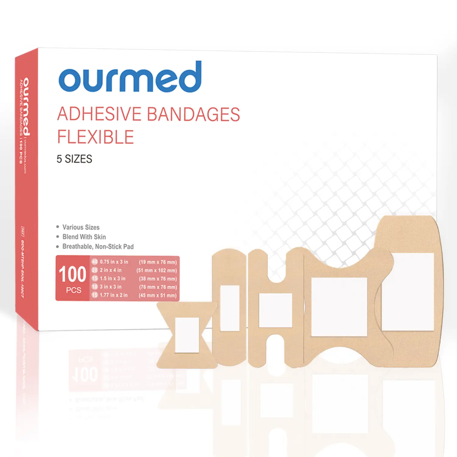 Ourmed Flexible Assorted Bandages Variety 100 Count, Fingertip Bandages for First Aid, Slight Cuts, Scrapes, Abrasion & Wounds Care,Strong Hold for 24 Hours, Non-Latex 200ct