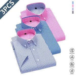 Men's 3-Pack Classic Plaid 4-Way Stretch Oversized Straight Short-Sleeve Dress Shirts - Buttoned Turn-Down Collar, Warm Yellow, Comfortable Breathable, Casual Shirts for Summer Outdoor Commuting & Business Formal