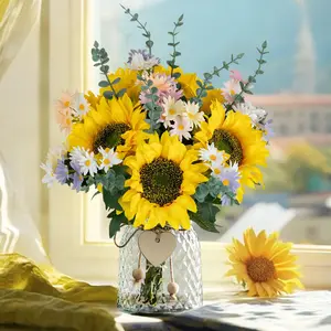 Nuptio Sunflower Fake Flowers in Vase: Sunflowers Artificial Flowers with Vase for Table Centerpieces Decor - Silk Flower Bouquet Faux Arrangements Kitchen Bathroom Wedding Party Decoration