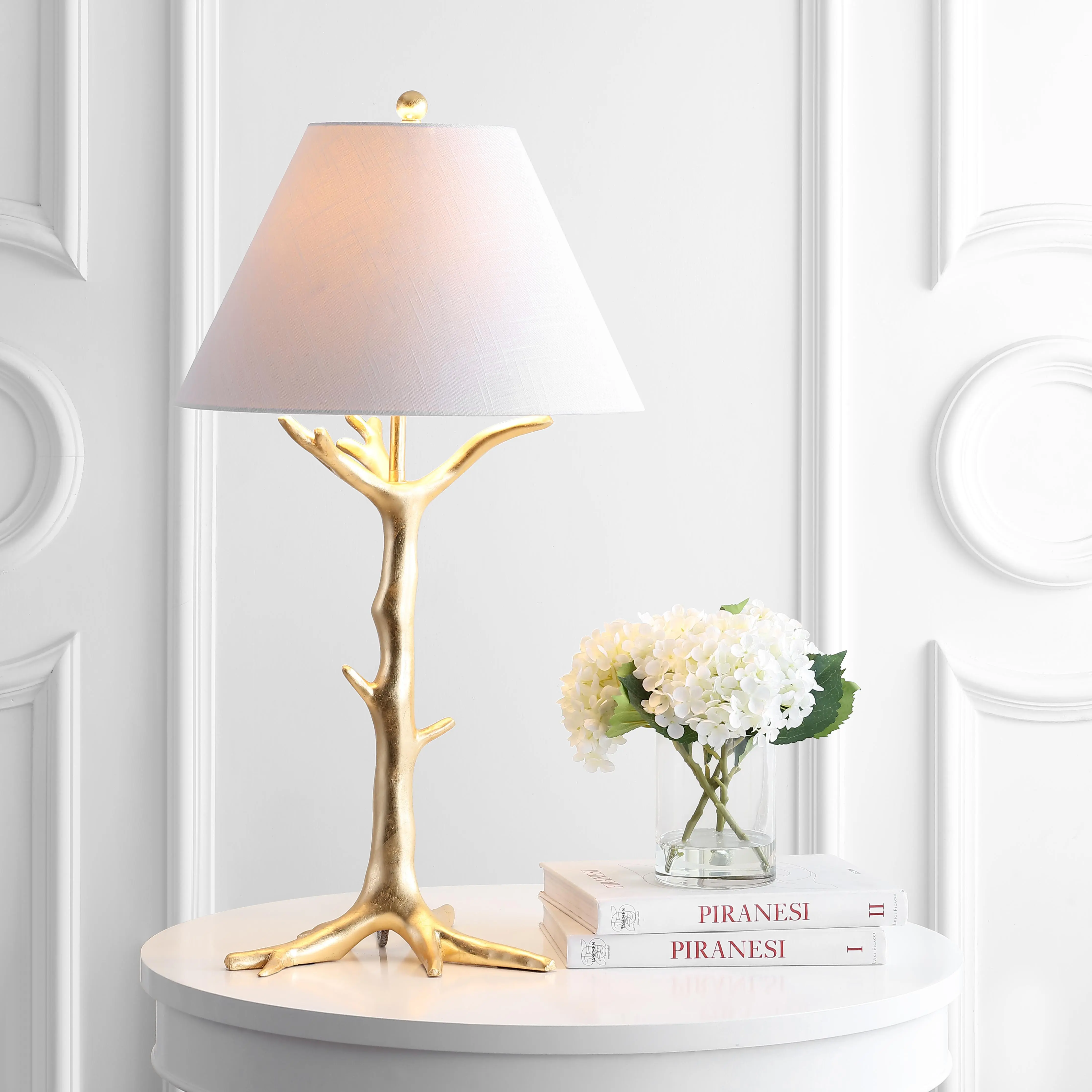 JONATHAN Y Galen Table Lamp 33.5" Resin Arbor Inspired, Gold Leaf | White Linen Empire Shade, Glam Transitional Style, Metal Accents, LED Bulb Included, UL Listed
