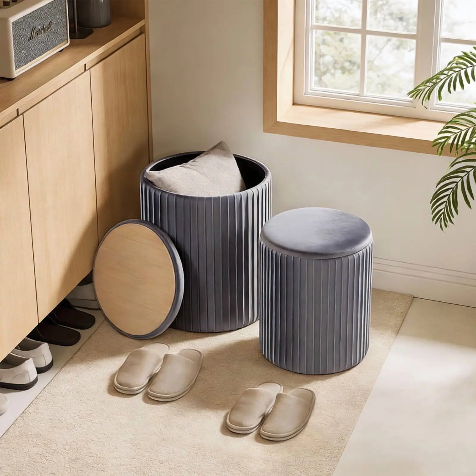 Round Ottoman with Storage Set of 2,Vanity Stool with Storage for Bedroom, Ottoman Coffee Table,Small Velvet Foot Stool for Living Room,Grey
