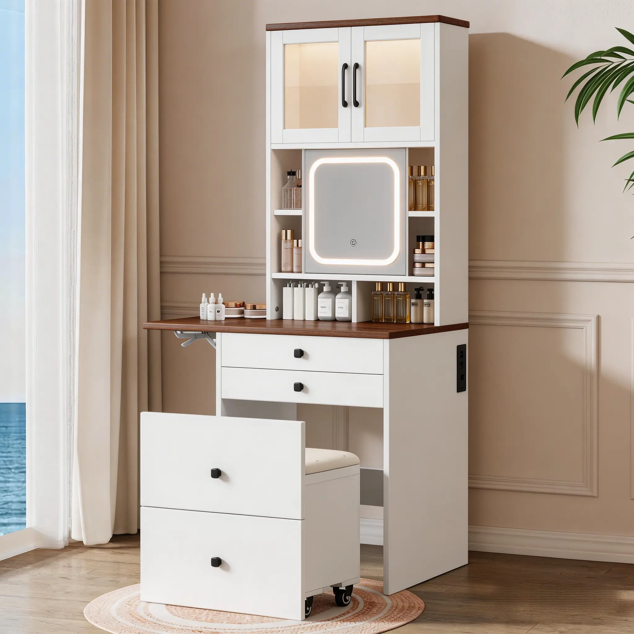 3-in-1 LED Lighted Mirror Vanity Desk with Drawers - Stylish Modern Self-Contained Illuminated Makeup Vanity with Lights, Compact Mini Corner Set for Small Spaces, Indoor Furniture Room Decor Accent, Stylish Makeup Vanities
