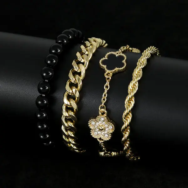 Men's 4-Piece Iced Out Bracelet Set - Elegant and Versatile Accessory bracelet – Alloy with Coated Finish