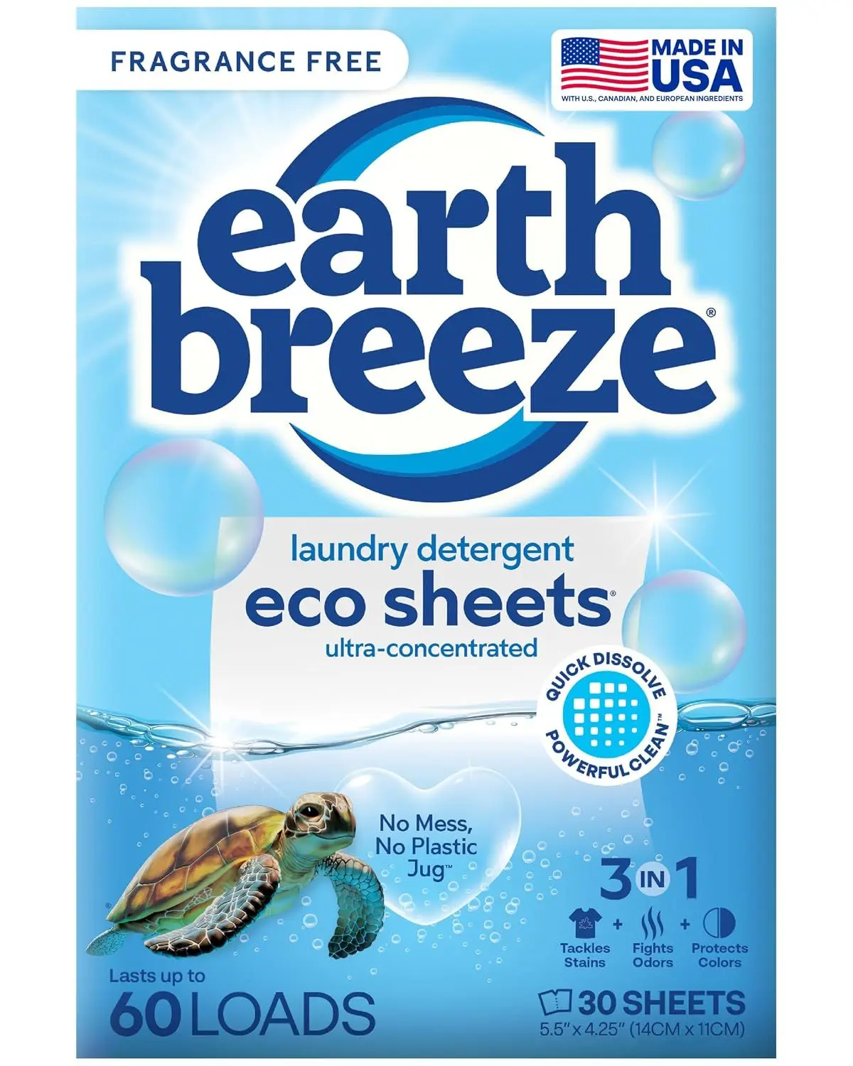 Earth Breeze Laundry Detergent Sheets Fresh Scent 60 Loads | Eco Liquidless Soap - Travel-Friendly for Hot & Cold Cycles, Tackles Tough Stains & Odors - Gentle on Skin