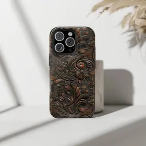 Western Tooled Leather Aesthetic Phone Case  Luxury Floral Carved Design Tough Cover for iP Phone 17 16 15 14 13 12 11 Pro Max Plus X XR XS