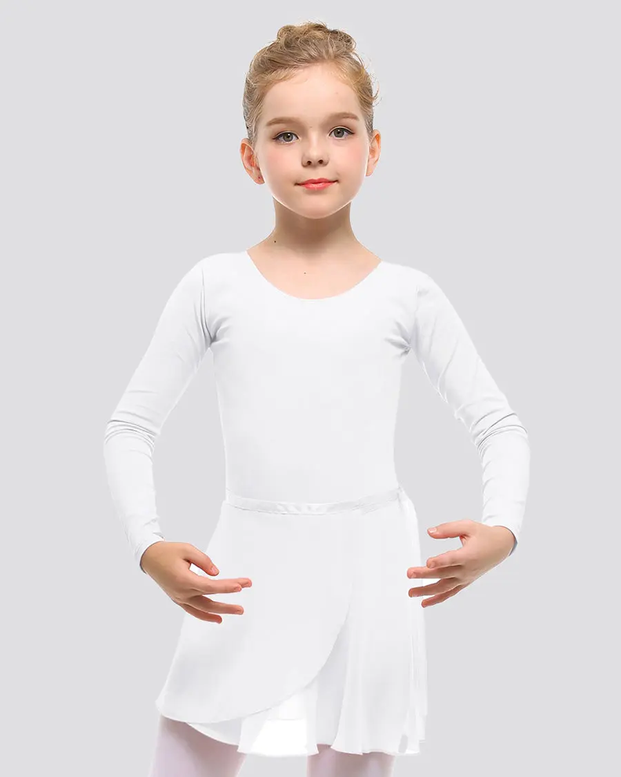 Girls' Long Sleeve Leotard Set, Cotton-Spandex Ballet Kit with Tights & 2 Skirts for Aspiring Dancers, Ideal for Dance Classes, Soft, Solid, Tie Neck, Versatile Color Options