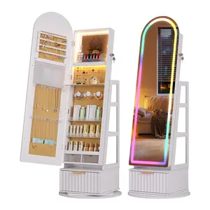 Dystler Arched Jewelry Cabinet with RGB Full-Length Mirror, 360° Swivel Standing Jewelry Armoire with Shelves & Drawer, Lockable Jewelry Organizers and Storage with Remote Control
