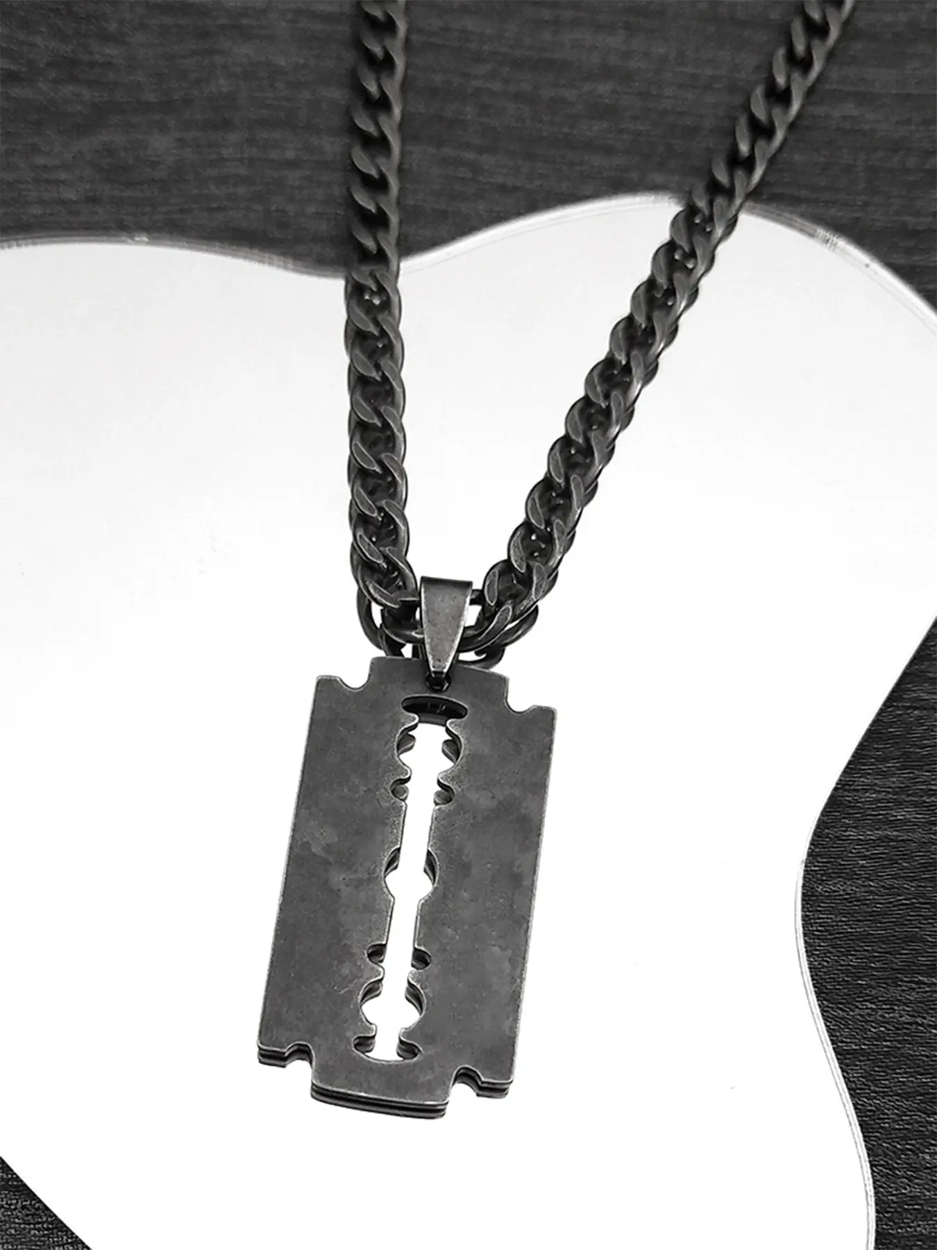 Punk Rock Blade Razor Shape Pendant for Women Men Stainless Steel Black Color Cool Boy Male Chain Necklace Minimalist Chain Necklace Non Tarnish Necklace