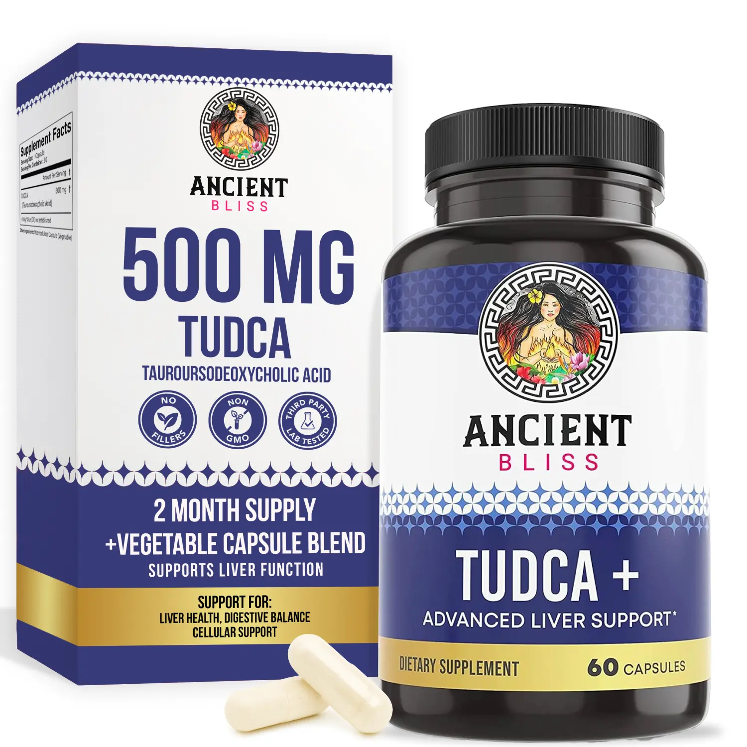 Ancient Bliss Tudca 500mg 60 Capsules (Tauroursodeoxycholic Acid) - Vegan Bile Salts Dietary Supplement, Liver Aid for Adults, Digestive Support, Natural Bitter Taste, GMO-Free, Gluten-Free, Methylcellulose, Single Item