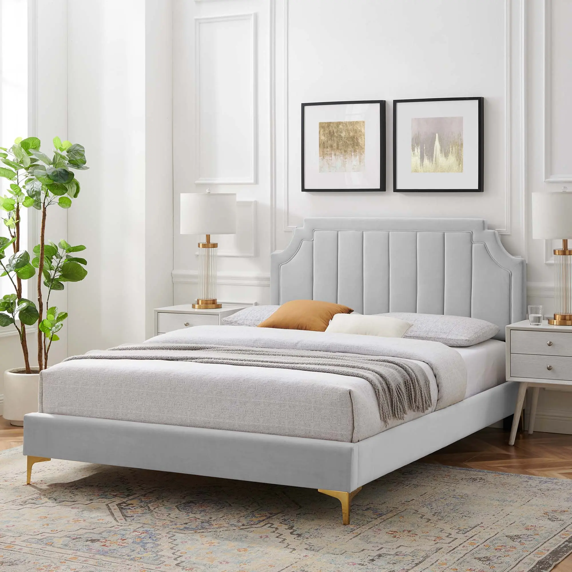 Modway Sienna Tufted Upholstered Modern Performance Velvet Full Platform Bed, Light Gray, Tufted Upholstered Bed, Modern Platform Bed