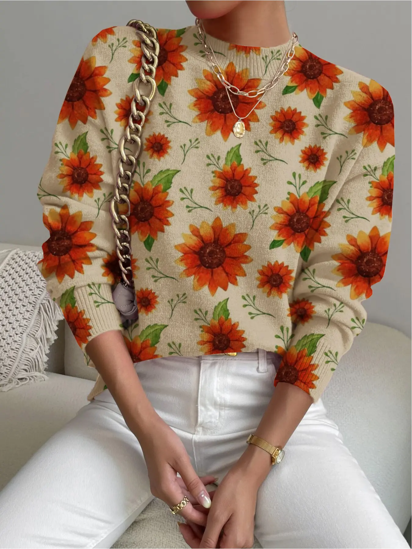 Women's Sunflower Floral Print Stand Collar Sweater, Fall Winter Casual Long Sleeve Knitwear, Comfortable Warm Daily Wear