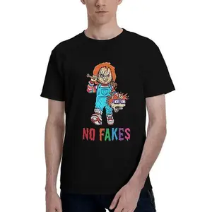 Men's "No Fakes" Chucky Pattern T-shirt-Black Cotton, Short Sleeve, Halloween Inspiration, Casual Fun Collection Menswear Top