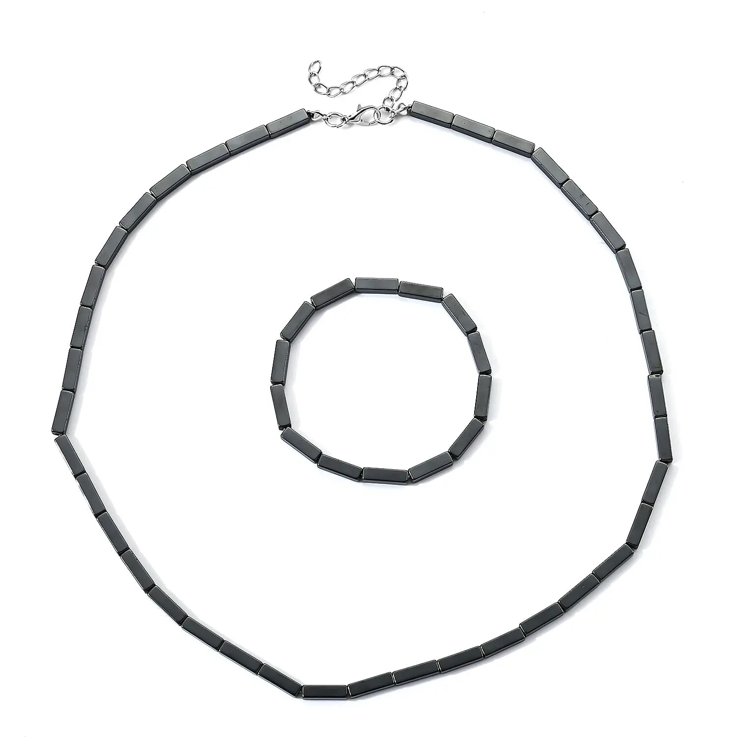 Hematite Stretch Bracelet (7-7.5In) and Necklace (21.25-23.25 Inches) in Silvertone 205.00 ctw