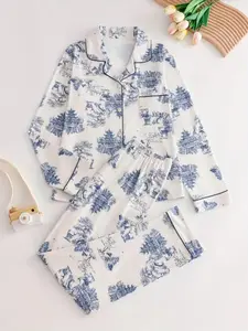 [Plus Size] All Over Print Pajama Two-piece Set Pyjamas, Long Sleeve Button Top & Pants Pj Set, Women's Sleepwear & Loungewear Casual for Spring & Fall, Casual Pajamas Outfit