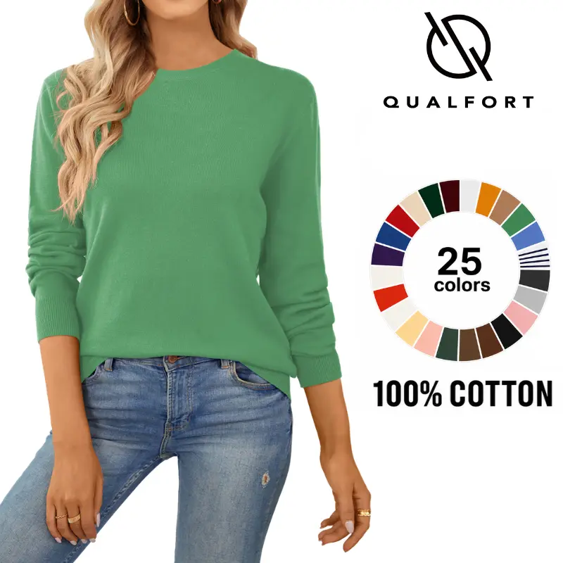 QUALFORT Women's 100% Cotton Crewneck Sweater - Lightweight Long Sleeve Pullover Knit Top with Ribbed Cuffs, Machine Wash, No, Outdoor