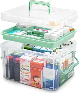 15QT Clear Medicine Organizer Storage Box with Handle & Tray - Thickened Plastic Empty First Aid Box, Multipurpose Medical Container with Lids & Labels, Medication Caddy for Home, Baby, Elderly, Dorm Use