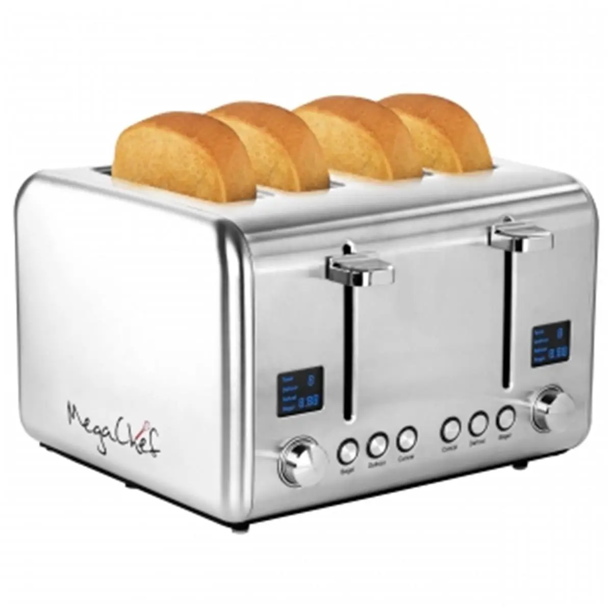 MegaChef 4-Slice Stainless Steel Toaster - Silver, LED Screen, Adjustable Controls, 9 Adjustable Preset Browning Settings
