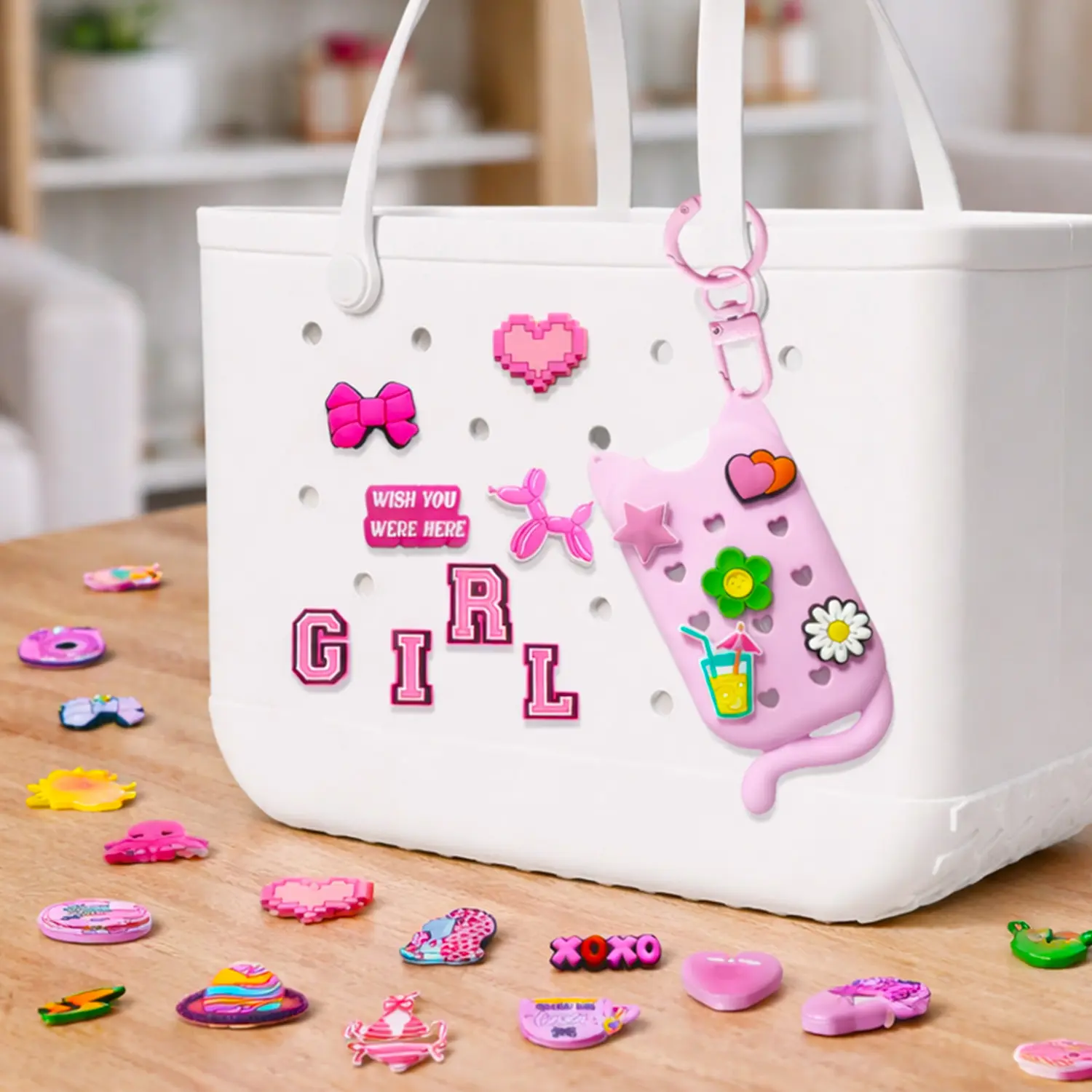 Cute Cat Hand Sanitizer Spray Case - Daily, Heat Resistant, Waterproof, Touchland Compatible for 1 FL Oz/30ML Power Mist & Glow Mist, Includes 67 DIY Charms, Keychain Included (Home Supplies Accessory)