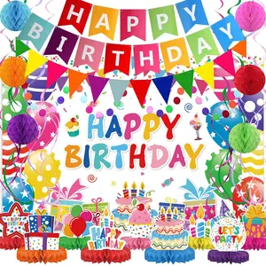 Birthday Decorations Kit - Banner, Honeycomb Balls, Swirls, Garland, Backdrop & Table Centerpieces