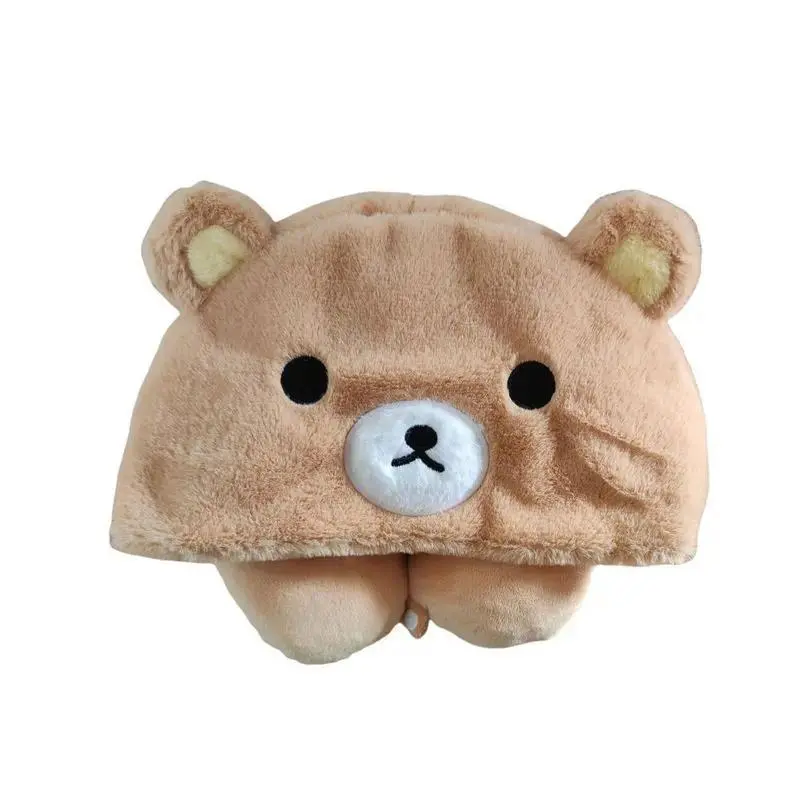 Cute Rilakkuma Semicircular U-Shaped Neck Pillow, No-Complex-Design Cartoon Bear Plush, Portable Warm Sleeping Support for Car Travel, Comfortable Doll Gift for Toy Enthusiasts
