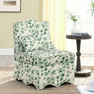 25"L*26"W*35"H Green Floral Flannel Armless Dining Chair, Wood‑Frame Ergonomic Leisure Chair with Matching Waist Pillow for Small‑Space Dining Area