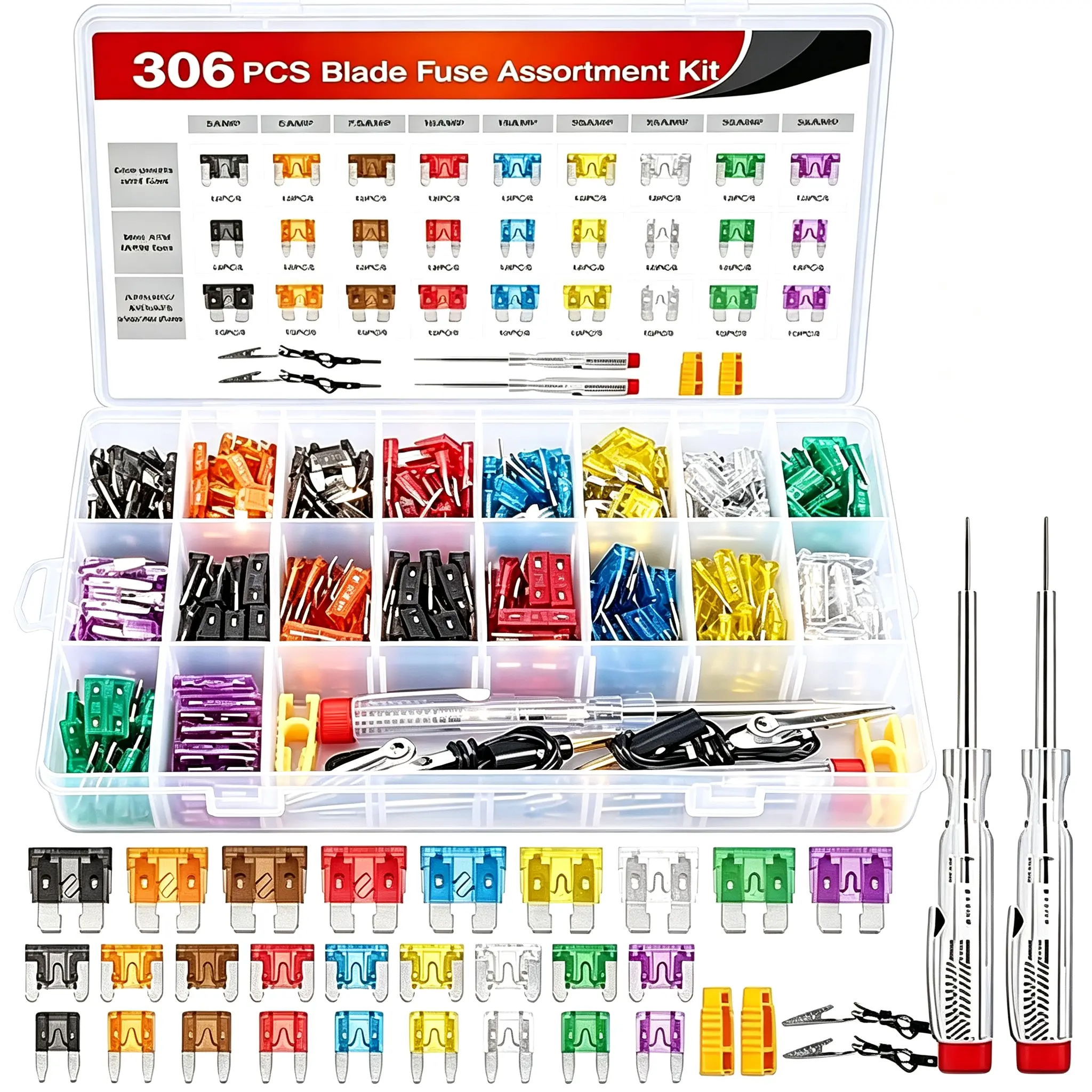 306pcs Color Coded Amperage Transparent Blade Fuse Assortment Kit - Pre-Packed, Amp Marking Molded Into Plastic, 108pcs Low Profile Mini & Standard Fuses, Puller Tool, Circuit Tester, for Cars, ATV, Golf Car,toolupgrade