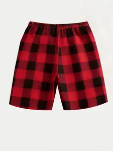 Red Green Plaid Lounge Shorts Set, Elastic Waist Sleep Bottoms, Lightweight Breathable Home Wear for Nightwear & Daily Relaxation, Cozy Plaid Pajama Shorts for Unisex Comfort & Casual Style