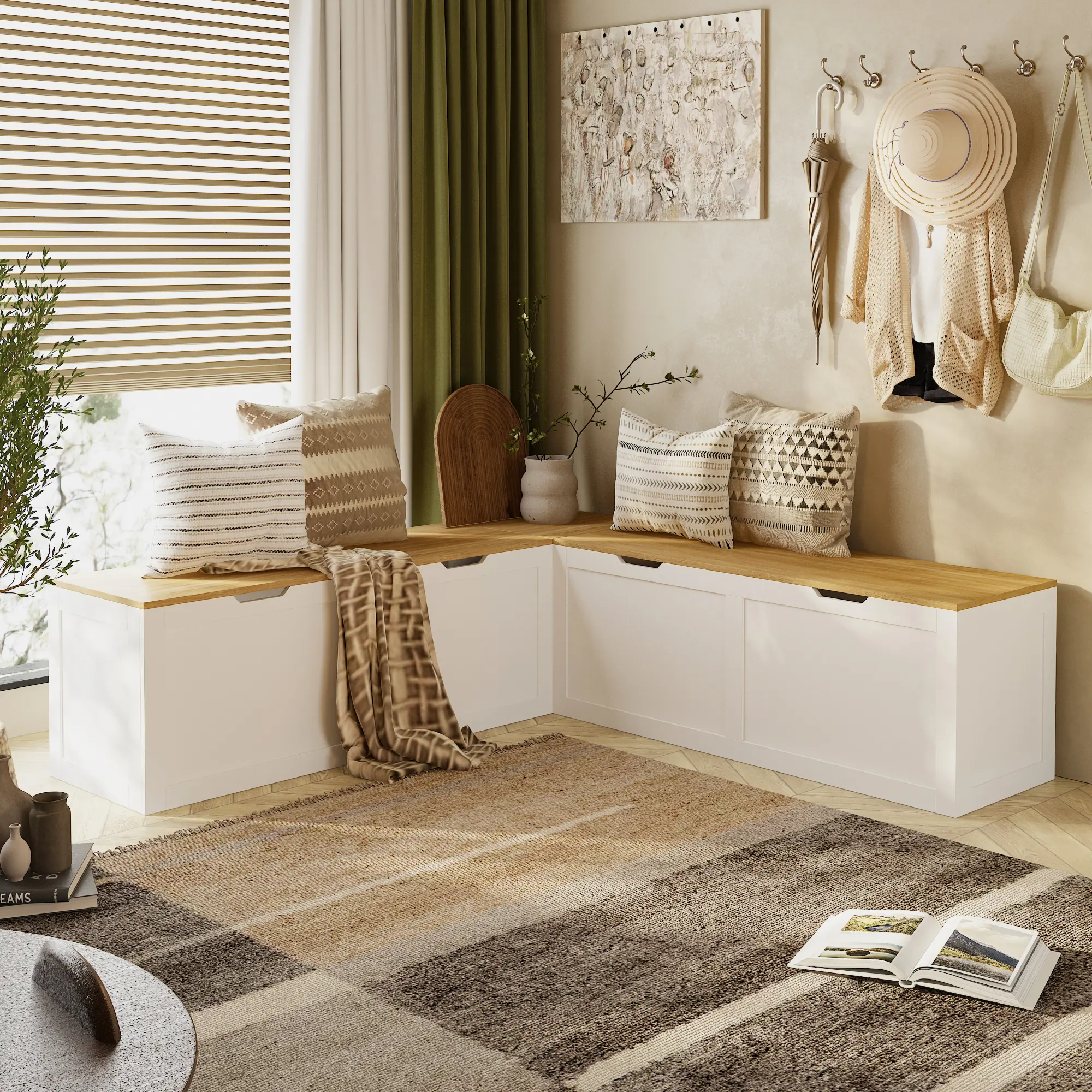 FUFU&GAGA L-Shape Storage Bench, Kitchen Breakfast Nook Bench, Backless Corner Bench Nook with Storage, Shoe Benches with Cushion for Entryway Cloakroom
